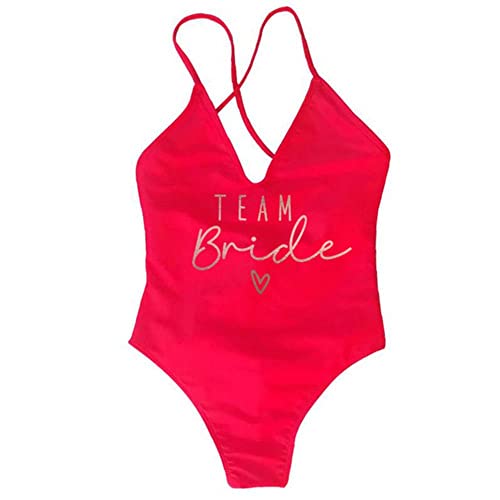XKUN Bikini Damen Gepolsterte Badeanzug Weiblicher Einteiliger Badeanzug Frauen Bachelorette Party Strandwege-Team Bride Red,M von XKUN