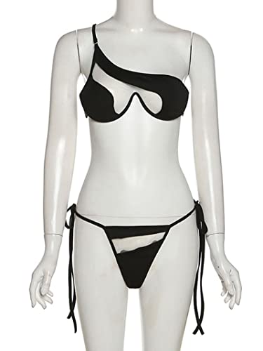 XKUN Bikini Sommer Frauen Eine Schulter Spaghetti Strap Bikini Sets Frühling Feste Sexy Mesh Backless Badeanzug Bodycon Badebekleidung-Black,S von XKUN