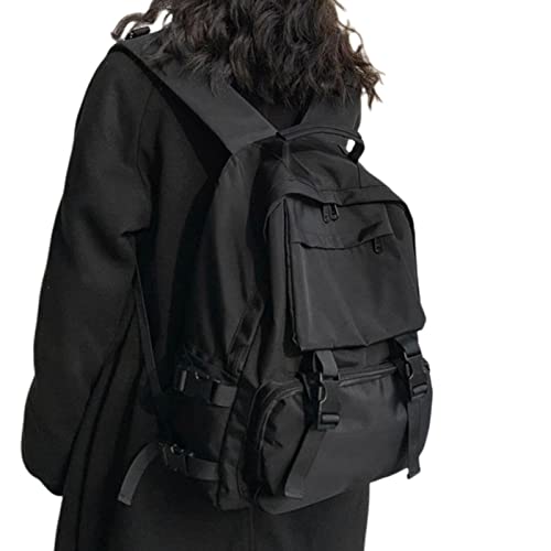 XKUN Schulrucksack Backpacks Studenten Rucksack Großer Kapazitätsbutton -Reisetasche Solid Einfache Harajuku Chic Fashion Retro Unisex-Black von XKUN