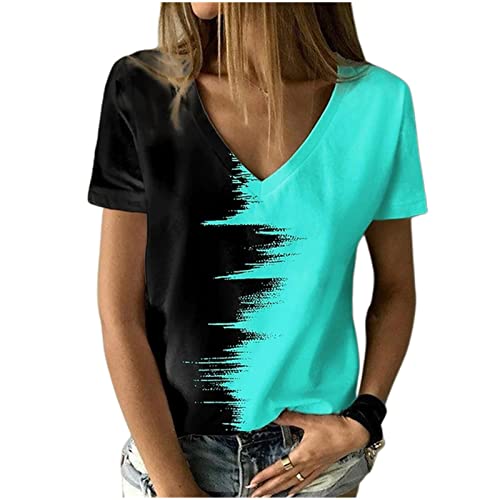 XKUN T-Shirts Sommer Frauen Fashion 3D Print T -Shirt Colorblock V Hals Basic Hemd Übergroßer Pullover-Green,M von XKUN