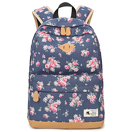 XMYNB Schulranzen Mode Flower Printing School Rucksack Kinder Schultaschen Für Mädchen Casual Laptop Rucksack-Blue von XMYNB
