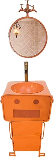 XOING Badezimmer-Waschtisch- und Waschbecken-Kombination, industrieller Badezimmer-Waschtischschrank mit Einzeltür, Design in Cartoon-Roboterform, inklusive Installationszubehör,Orange,mit Spiegel von XOING