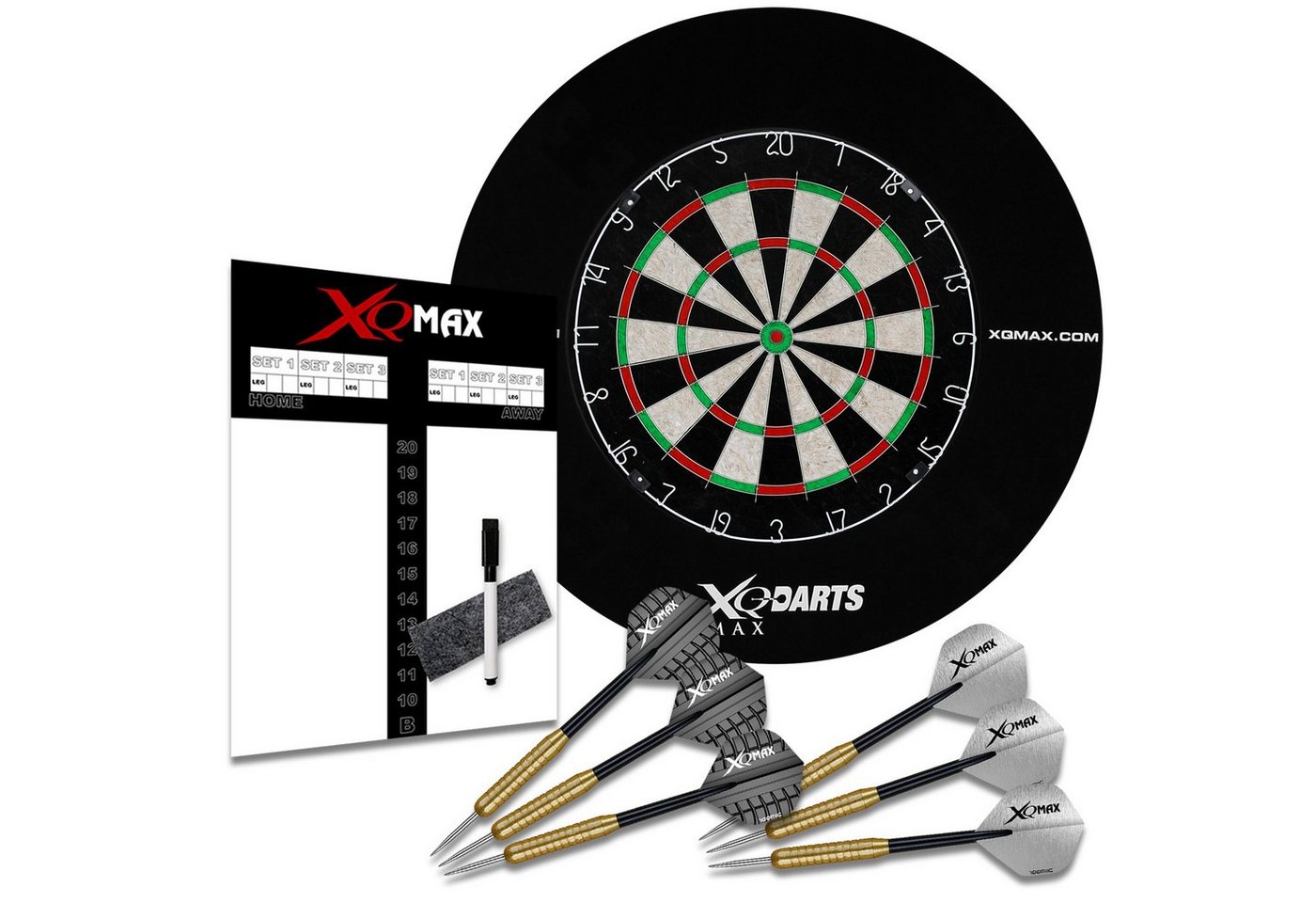 XQMAX Dartscheibe Dart Starter-Set mit Surround Ring schwarz, (Komplettset, Profi Dartset), inkl. 6 Pfeile Spielstandtafel Marker von XQMAX