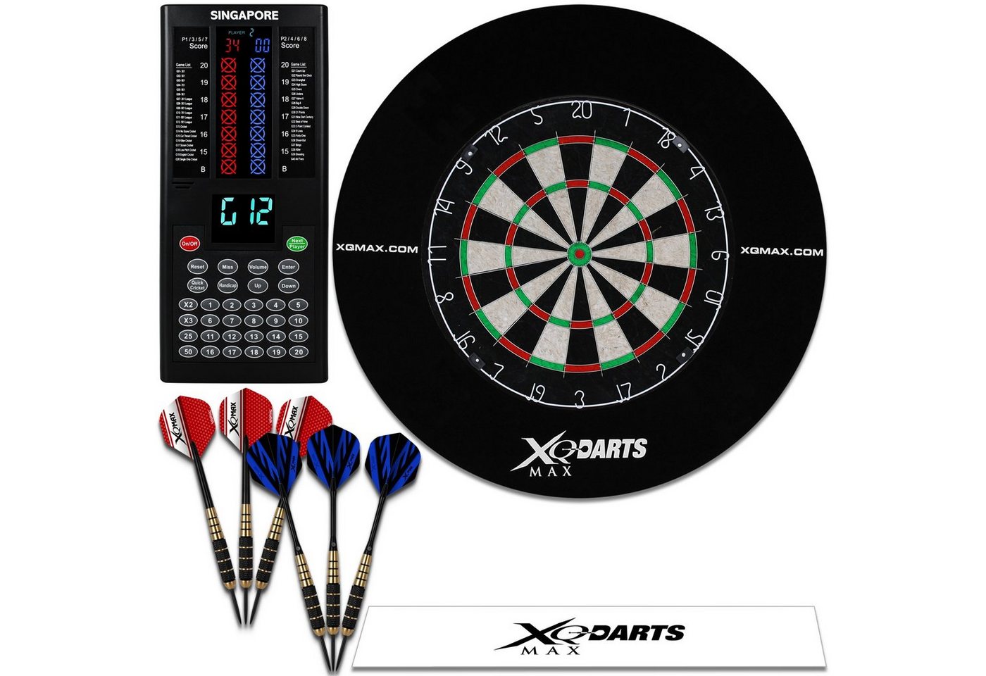 XQMAX Dartscheibe - inkl. Pfeile, Surround Ring Schwarz, Wurflinie, Zähler, (Dartset), Steeldart Dartboard Darts Catchring Auffangring von XQMAX