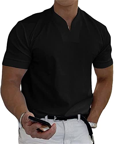 XRDSHY Tshirt Herren, Gentlemans Business Kurzarm-Fitness-T-Shirt, 2022 Herren Gentlemans Business Kurzarm-Fitness-T-Shirt, Herren-Kurzarm-Fitness-T-Shirt Mit V-Ausschnitt, Kurzarm, Schlank,Schwarz-L von XRDSHY