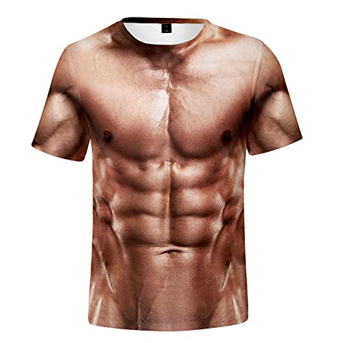 XRHYJK Herren 3D Druck T-Shirt Männer 3D T-Shirt Bodybuilding Simuliertes Muskel Tattoo T-Shirt Lässiges Nacktes Hautbrustmuskel T-Shirt Lustige Kurzarm Kleidung von XRHYJK