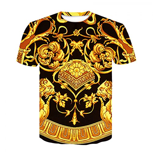 XRHYJK Herren 3D Druck T-Shirt Sommer Barock T-Shirt 3D Digitaldruck T-Shirt Männer/Frauen Vintage Luxus Royal Print Goldene Blume T-Shirt von XRHYJK