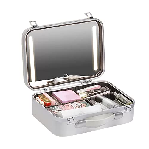Reise-Make-up-Tasche, Kosmetiktasche, professionelle Make-up-Tasche mit verstellbaren LED-Warmlichtern, dreifarbiger Lichtquelle, mit abnehmbarem Fach, tragbare LED-Spiegel-Make-up-Tasche, K von XSMYdpuk