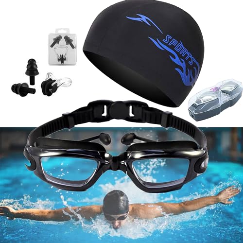 XUBX Unisex Schwimmbrille und Badekappen mit Nasenclip, Ohrstöpsel, Anti-Beschlag, UV-Schutz, wasserdicht, Taucherbrille Erwachsene für Herren Damen von XUBX