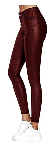XUEBIN Damen Kunstleder Leder Look Hosen Damen Biker Stretch Coated Jeans Schlank Hose Kunstlederhose Damen Lederhose Lederhose (Color : Red Wine, Size : M) von XUEBIN