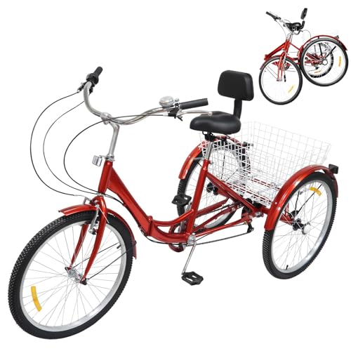 XUEMANSHOP Dreirad für Erwachsene, 24 Zoll Dreirad für Erwachsene mit Rückenlehne und Shopping Korb, 3 Räder 7 Gang-Fahrrad, Faltbares Cruise Bikes von XUEMANSHOP