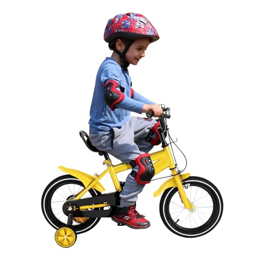 XUEMANSHOP Kinderfahrrad, Fahrrad 14 Zoll Jungen Mädchen mit Stützräder und Verschleißfeste Reifen Für Kinder ab 3 Jahre, Gelb von XUEMANSHOP