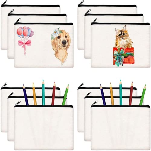 12 Stück DIY Blanko Stoff Federmäppchen,unbedruckte Baumwoll-Leinen-Taschen zum Basteln mit Reißverschluss Beutel Federmäppchen für Make-up, Kosmetik, Toilettenartikel, Schreibwaren weiß von xutong
