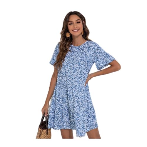 Kurzes Kleid Aus Baumwolle Mit Blumenmuster Für Damen - Rundhalsausschnitt, Süße Rüschen, Elegantes, Lässiges Mini-Sommerkleid, Lockerer Kurzarm-Sommer-Cocktailparty-Rock Für Damen, Blau, XXL von XYFCJK