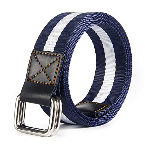 XYFCJK Gürtel Mit Doppelter Ringschnalle - Heller Lederverstärkung Canvas Herren Damen Jeans Dekorativer Bund, Streifen Fashion Street Style Military Cloth Belt,Blau Weiß,120Cm*2St von XYFCJK