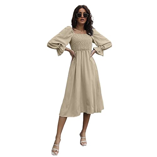 XYFCJK Langärmliges, Dehnbares Damenkleid - Elastisches, Plissiertes Langes Kleid Mit Hoher Taille, Weiches, Bequemes, Einfarbiges Freizeitkleid, Sommerurlaubsrock,Beige,L von XYFCJK