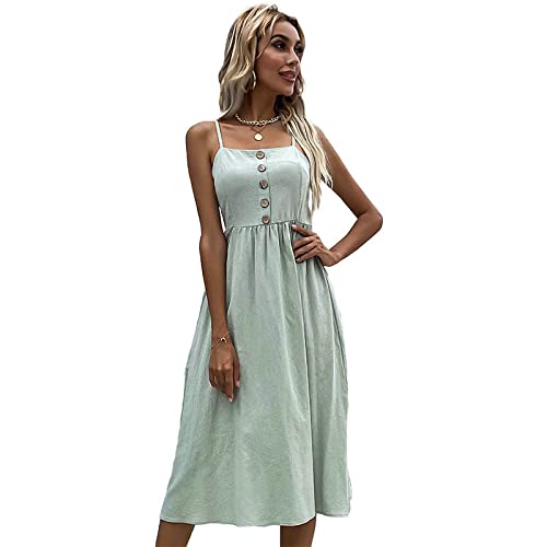 XYFCJK Rückenfreier Spaghetti-Träger Für Damen - Einfarbige Baumwolle Und Leinen Elegantes, Lässiges Sommerkleid, Einreihiges Overknee-Midikleid, Sommerpartyrock,Cyan,XL von XYFCJK