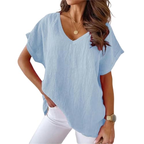 XYMJT T-Shirts für Damen S-5xl Größe Baumwolle T-Shirt Khaki Kurzarm Tops Für Frauen Sommer Einfarbige Lose V-Ausschnitt Shirts Weiß-blau-s von XYMJT