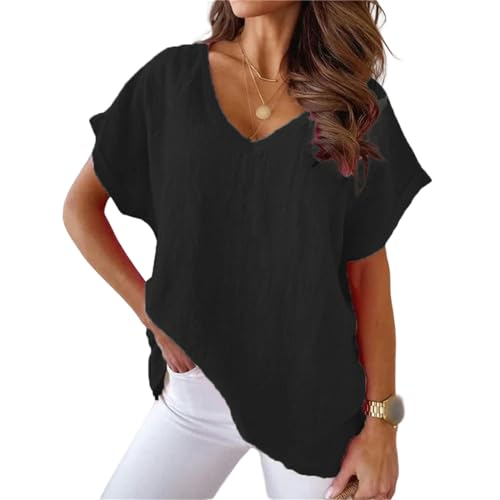 XYMJT T-Shirts für Damen S-5xl Größe Baumwolle T-Shirt Khaki Kurzarm Tops Für Frauen Sommer Einfarbige Lose V-Ausschnitt Shirts Weiß-schwarz-XL von XYMJT