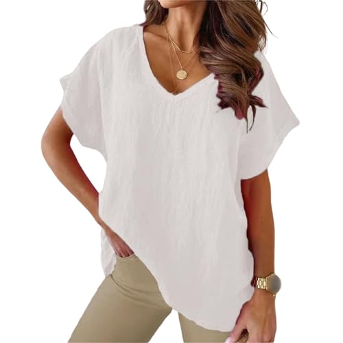 XYMJT T-Shirts für Damen S-5xl Größe Baumwolle T-Shirt Khaki Kurzarm Tops Für Frauen Sommer Einfarbige Lose V-Ausschnitt Shirts Weiß-weiß-l von XYMJT