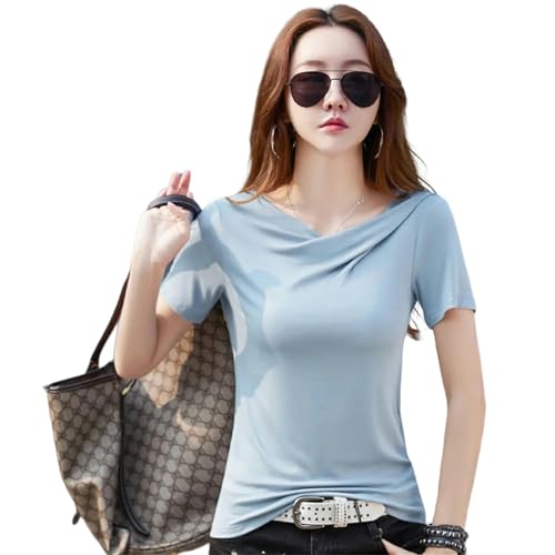 XYMJT T-Shirts für Damen Sommer Büro T-Shirt Frauen Kurzarm Elegante Unregelmäßige T-Shirt Weibliche Einfarbige Kurze Streetwear Tshirt-blau-l von XYMJT