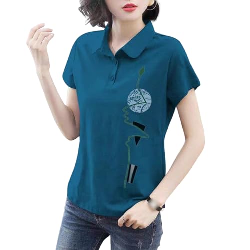 XYMJT T-Shirts für Damen Sommer Damen Modisch Bedrucktes T-Shirt Revers Baumwolle T-Shirt Casual Kurzärmeliges Loses Pullover Top-blau-XXL von XYMJT