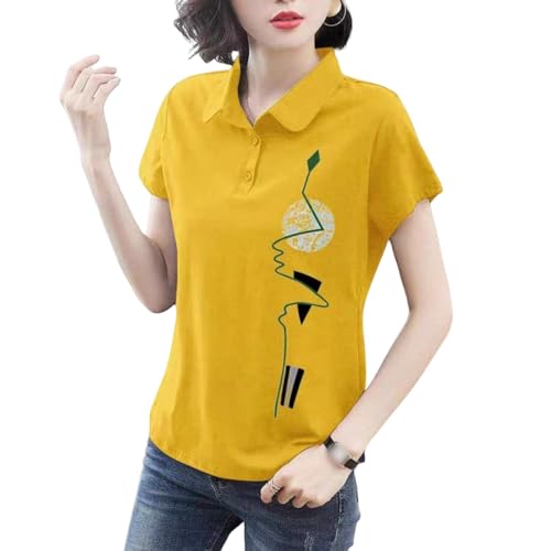 XYMJT T-Shirts für Damen Sommer Damen Modisch Bedrucktes T-Shirt Revers Baumwolle T-Shirt Casual Kurzärmeliges Loses Pullover Top-gelb-XL von XYMJT