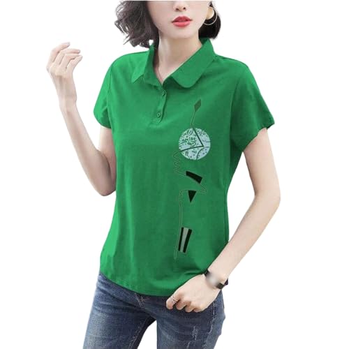 XYMJT T-Shirts für Damen Sommer Damen Modisch Bedrucktes T-Shirt Revers Baumwolle T-Shirt Casual Kurzärmeliges Loses Pullover Top-grün-3xl von XYMJT