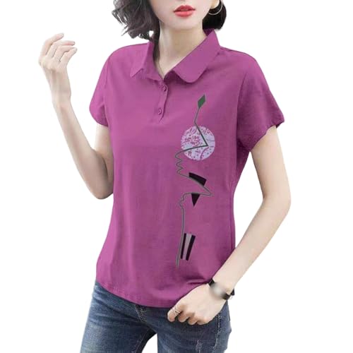 XYMJT T-Shirts für Damen Sommer Damen Modisch Bedrucktes T-Shirt Revers Baumwolle T-Shirt Casual Kurzärmeliges Loses Pullover Top-lila-XXL von XYMJT