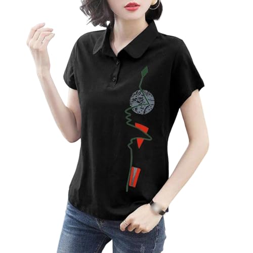 XYMJT T-Shirts für Damen Sommer Damen Modisch Bedrucktes T-Shirt Revers Baumwolle T-Shirt Casual Kurzärmeliges Loses Pullover Top-schwarz-3xl von XYMJT