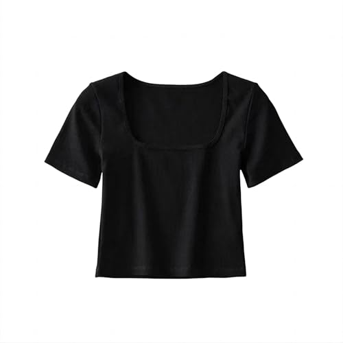XYMJT t Shirt Damen Frauen Quadratische Halsrippen Ernte T-Shirt Kurzarm Crop Top-Schwarz-L von XYMJT