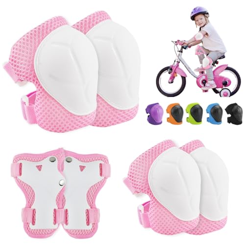 Kinder Schutzausrüstung Set Knieschützer,Kinder Knieschützer, Protektoren Kinder,mit Handgelenkschützern und Ellenbogenschoner,6 in 1 für ,Skateboard,Inlineskates,Hoverboard,Fahrrad(Rosa Weiß) von XZMCAT