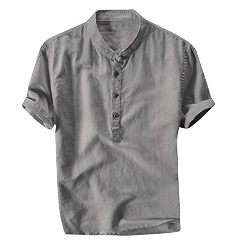 Xmiral Herren Leinenhemd leinen Shirt Kurzarm Hemden mit Stehkragen Kurze Knopfleiste Slim fit für Männer(Grau,3XL) von Xmiral