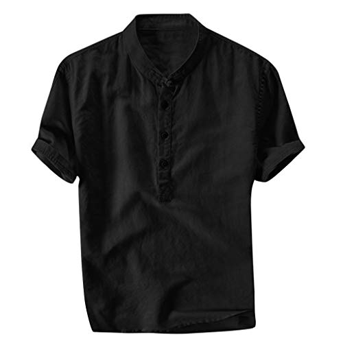 Xmiral Herren Leinenhemd leinen Shirt Kurzarm Hemden mit Stehkragen Kurze Knopfleiste Slim fit für Männer(Schwarz,M) von Xmiral