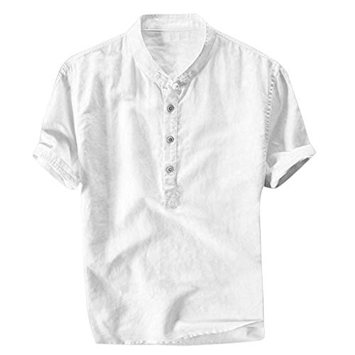 Xmiral Herren Leinenhemd leinen Shirt Kurzarm Hemden mit Stehkragen Kurze Knopfleiste Slim fit für Männer(Weiß,L) von Xmiral