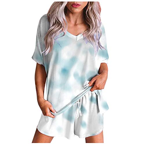 Xniral Damen Pyjama Schlafanzug Kurz Tie-Dye Bedruckte Nachtw鋝che Nachthemd Hausanzug Set Kurzarm Rundhals-Ausschnitt f黵 Sommer(C Gr黱,M) von Xniral