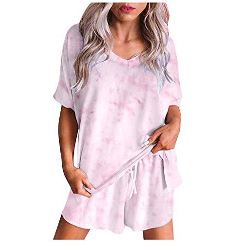 Xniral Damen Pyjama Schlafanzug Kurz Tie-Dye Bedruckte Nachtw鋝che Nachthemd Hausanzug Set Kurzarm Rundhals-Ausschnitt f黵 Sommer(C Rosa,S) von Xniral