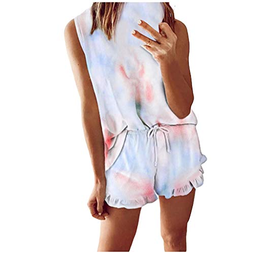 Xniral Damen Pyjama Schlafanzug Kurz Tie-Dye Bedruckte Nachtwäsche Nachthemd Hausanzug Set Kurzarm Rundhals-Ausschnitt für Sommer(D Hellblau,XXL) von Xniral