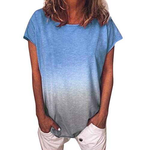 Xniral T-Shirt Damen Farbverlauf Tunika Bluse Tops Sommer Casual Patchwork Kurzarm Oberteil Tops Shirt(a-Blau,3XL) von Xniral