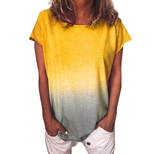 Xniral T-Shirt Damen Farbverlauf Tunika Bluse Tops Sommer Casual Patchwork Kurzarm Oberteil Tops Shirt(a-Gelb,M) von Xniral
