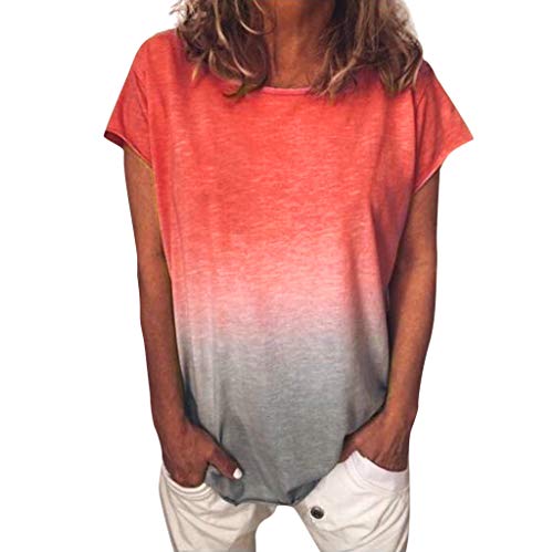Xniral T-Shirt Damen Farbverlauf Tunika Bluse Tops Sommer Casual Patchwork Kurzarm Oberteil Tops Shirt(a-Rot,5XL) von Xniral