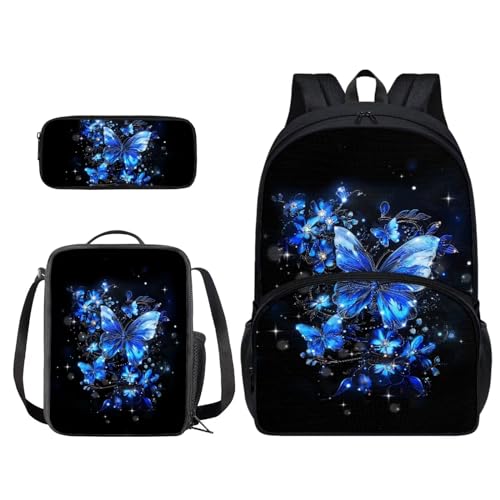 Xoenoiee 3-teiliges Rucksack-Set für Jungen und Mädchen, 43,2 cm, Schultasche mit Lunchtasche, Federmäppchen für Schüler, Schulbedarf, Blauer Schmetterling und Blumen von Xoenoiee