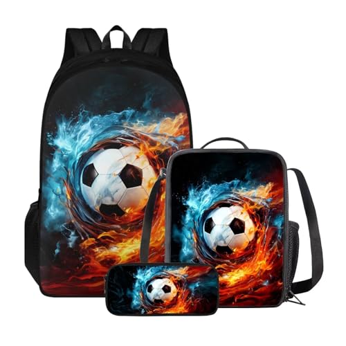 Xoenoiee 3-teiliges Rucksack für Jungen und Mädchen, Schulrucksack-Set mit Lunchtasche und Federmäppchen, großes Fassungsvermögen für Teenager, Studenten, Feuerwasser-Fußball von Xoenoiee