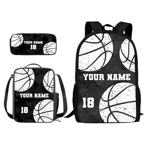 Xoenoiee Individuelles Rucksack-Set, 3-teilig, Schultasche, Lunchtasche, Federmäppchen für Jungen und Mädchen, gestalten Sie Ihren Namen und Ihre Nummer, Basketball, schwarz, Einheitsgröße von Xoenoiee