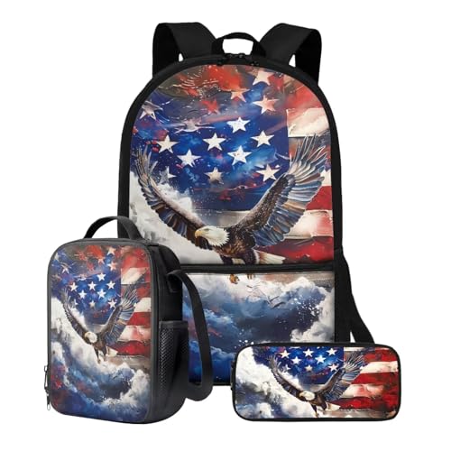 Xoenoiee Rucksack-Set mit 43,2 cm Rucksack, Lunchtasche und Federmäppchen, Schultaschen-Sets für Jungen, Mädchen, Studenten für die Schule, American Flag Eagle von Xoenoiee