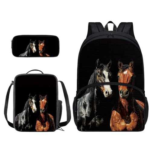 Xoenoiee Rucksack-Set mit 43,2 cm Rucksack, Lunchtasche und Federmäppchen, Schultaschen-Sets für Jungen, Mädchen, Studenten für die Schule, Pferde schwarz von Xoenoiee