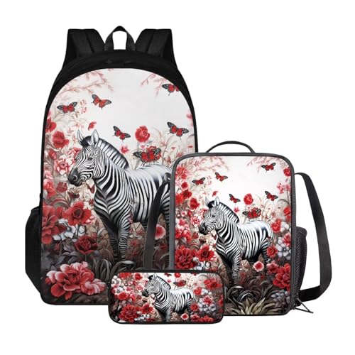 Xoenoiee Schulrucksack-Set für Teenager, Jungen, Mädchen, mit Lunchbox, Federmäppchen, große Schultasche für Schüler, 3 Stück, Zebra Red Butterfly Floral von Xoenoiee