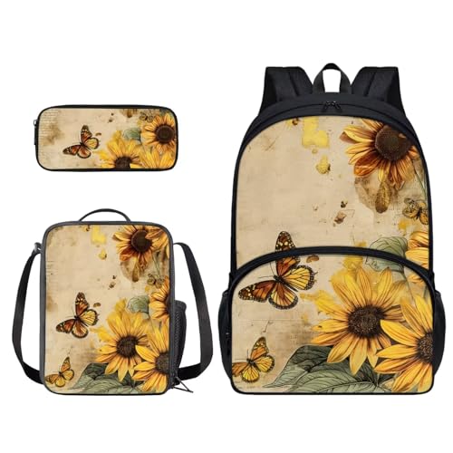 Xoenoiee Schulrucksack-Set mit 3 Thermo-Lunchboxen, Federmäppchen für Jungen und Mädchen, 3 Stück, Schmetterling Sonnenblume von Xoenoiee