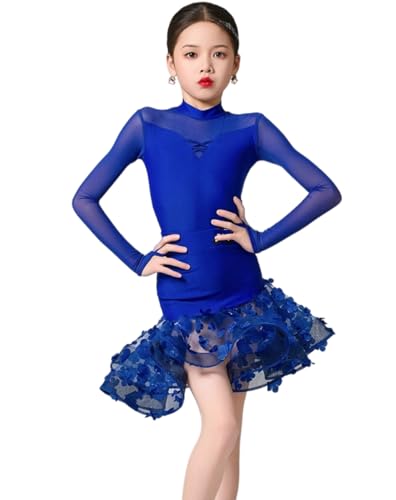 Xytraiihw Mädchen Latin Dance Kleid Ballroom Kostüm, Kinder Pratice Dance Kostüm Professionelle Lange Ärmel Latin Kleid Kostüm,Blau,150 von Xytraiihw