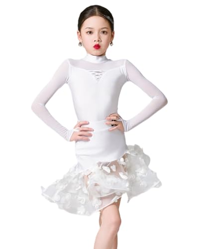 Xytraiihw Mädchen Latin Dance Kleid Ballroom Kostüm, Kinder Pratice Dance Kostüm Professionelle Lange Ärmel Latin Kleid Kostüm,Weiß,120 von Xytraiihw